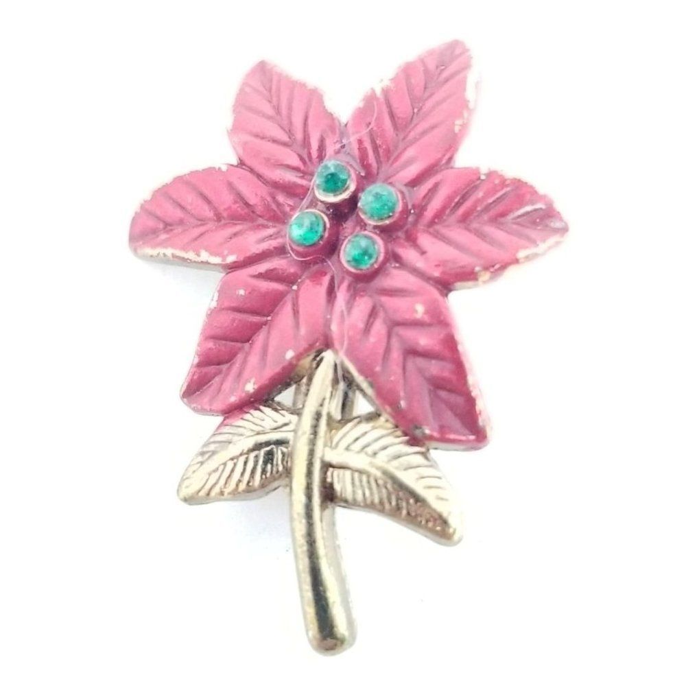 Vintage Red Poinsettia Brooch, Holiday Christmas Floral Retro Lapel Pin, Estate